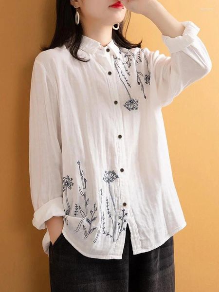 Blouses Femmes Printemps Automne Solide Coton Femmes Chemises Simple Top Lady Revers Chemise À Manches Longues Blanc Lâche Floral Broderie Blouse Camisas