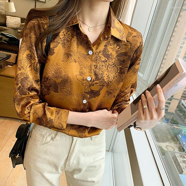 Blusas de mujer Moda de primavera Impresión de tinta coreana Manga larga Tendencia superior de mujer Chifón satinado Chica Temperamento Camisa delgada Cuello de polo