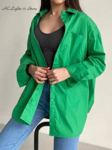 Damesblouses Lentegroen Katoenen Overhemd Basic Los Oversize Met Knoop Omhoog Met Zak Elegant Voor Dames 2024