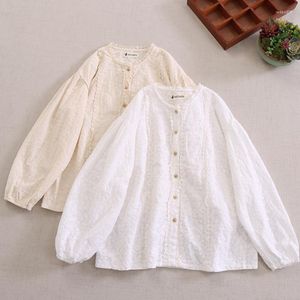 Blouses voor dames lente lentes Japanse stijl zoete mori meisje vol geborduurd shirt met lange mouwen los brede kanten vest tops witte shirts vrouwen