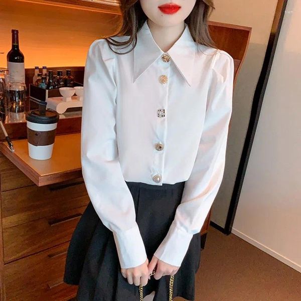 Chemisiers pour femmes printemps coréen Chic col rabattu bouton chemise blanche dame mode bouffée à manches longues chemisier décontracté solide hauts pour les femmes
