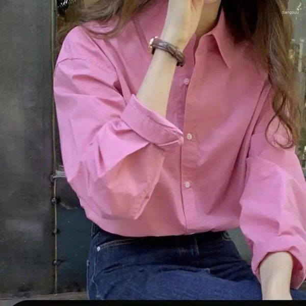 Blusas de mujer Camisa rosa de estilo coreano de primavera para mujer 2024 Blusa holgada de manga larga a la moda para mujer camisas con cuello vuelto Tops de oficina para mujer