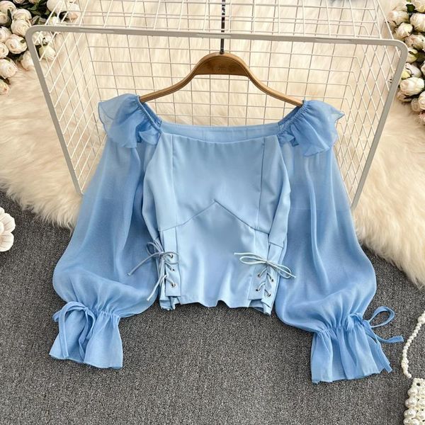 Blouses pour femmes Version coréenne Super Fairy Sweet Square Necl Loose Ruffle Long Sleeve Pullover Shirt Foreign Style Short Top