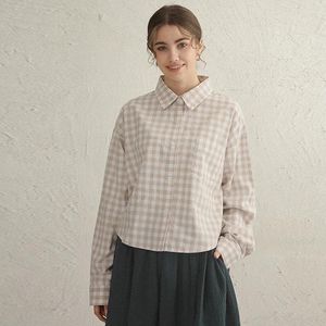 Blouses pour femmes Spring dames Linen Plaid Shirt 2024 Chic Retro Cotton and Casual Abled Shirts à manches longues Vêtements