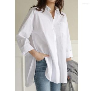 Chemisiers pour femmes Printemps Revers Chemises Blanches Femmes À Manches Longues Pur Coton Top Lâche Casual Mi Longueur Chemise Boutonnée Blusas Mujer De Moda