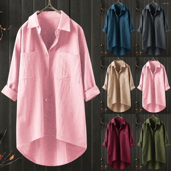 Blusas para mujer, camisas largas de primavera para mujer, cuello vuelto, mangas completas, cárdigan holgado con botones, Tops, camisa Formal con bolsillos de oficina para mujer