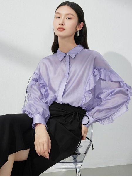 Chemisiers pour femmes printemps rayonne revers chemises vente Design sens volants manches longues coupe ample bureau dame tempérament
