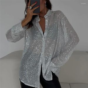 Blusas de mujer Venta de primavera Camisa recta brillante de manga larga con solapa y un solo pecho.