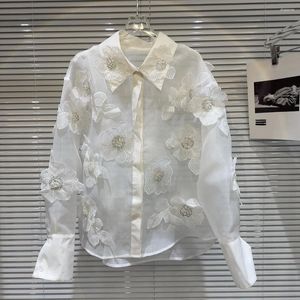 Blouses pour femmes Printemps Paillettes Fleurs 3D Maille Perles Épissées Chemises Perlées Gaze Patchwork Paillettes En Mousseline De Soie Cardigan Crop Tops 2024