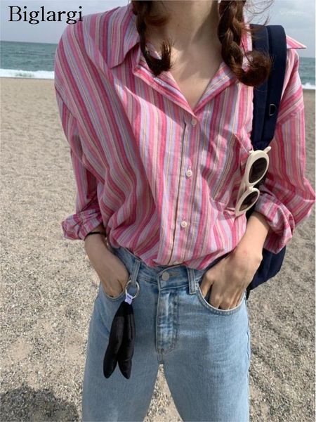 Blouses pour femmes chemises imprimées rayées Tops Femmes à manches longues Fashion décontractée lâche plies dames femme coréenne Femme rose