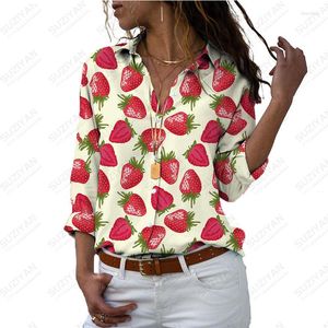 Chemisiers pour femmes printemps/été 2023 décontracté à manches longues col en v bouton haut mode fruits fraise imprimé chemise ample grande taille