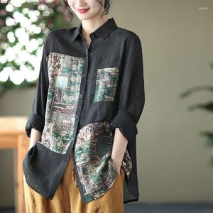 Women's Blouses Lente Summer Arts Style Vrouwen lange mouw Turn Down Collar Loose Casual Shirts Patchwork Print Vintage Blouse Tops V2971