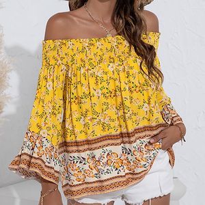 Blusas de mujer Primavera Verano blusa 2023 mujeres de manga larga de una línea de hombro estampado Floral moda elegante Casual suelta playa femenina