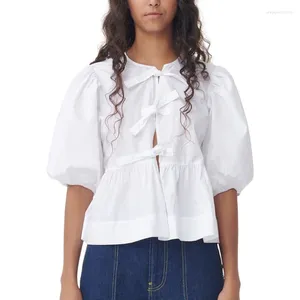 Blouses pour femmes printemps d'été Girm-co-noueur peplum en coton manche bouffée noire blanche mignonne pour femmes mode 2024