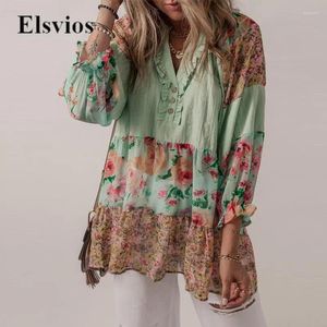 Damesblouses Lente Zomer Lange mouwen Losse tops Casual knopen Ruches Chiffon Strandshirt Vintage Boho Bloemen Patchwork Print Dames