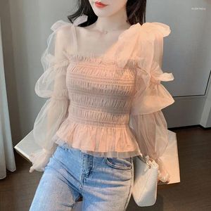 Damesblouses Lente Zomer Shirt Koreaans Off-shoulder Chiffon Korte Top Mesh Blouse Zoetheid Super Fairy Trend