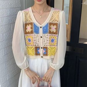 Blouses pour femmes printemps été chemise douce Vintage fleur Crochet Patchwork à manches longues femme simple boutonnage en mousseline de soie K062