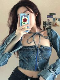 Chemisiers femme printemps été chemise femme col carré bandé nœud manches longues mince sauvage Sexy Vintage Babes court Denim