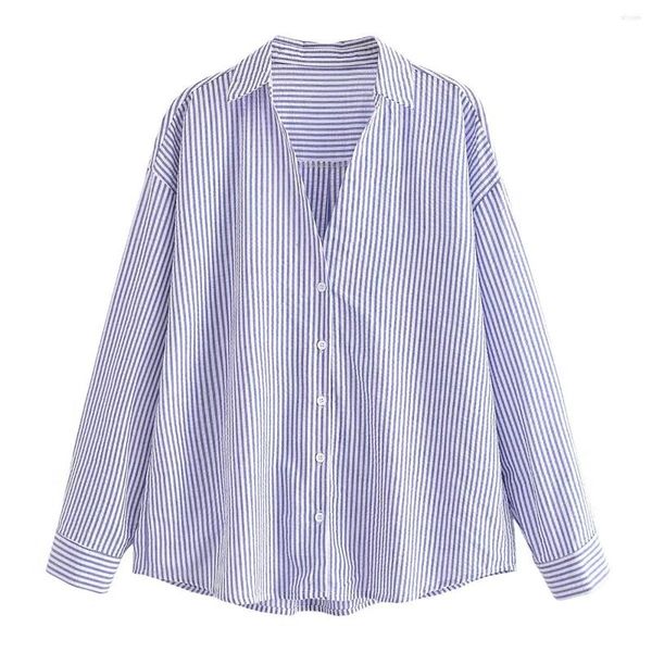 Blusas De Mujer Primavera/Verano Camisa De Cuello En V A Rayas Blancas Y Azules De Calidad Europea Y Americana para Mujer, Versátil, Informal, Suelta, Grande