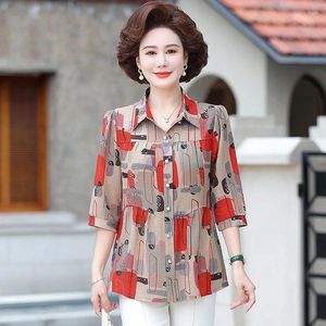 Blans des femmes Spring été Femmes Chiffon Shirts Tempérament Elegant Polo-Neck Half Sleve Print Bloouses Ladies Tops Blusas