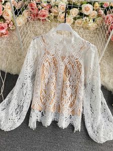 Women's Blouses Spring Summer Women Hollow Out Lace Blouse Roze/Beige/Black/White Stand Stand Collar Puff Lange Mouw Loose Shirt Female Tops 2023