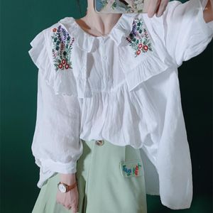 Blouses Femmes Printemps Été Femmes Japon Mori Kei Filles Sweet Girly Floral Broderie Lâche Plus Taille Coton Brodé Blanc