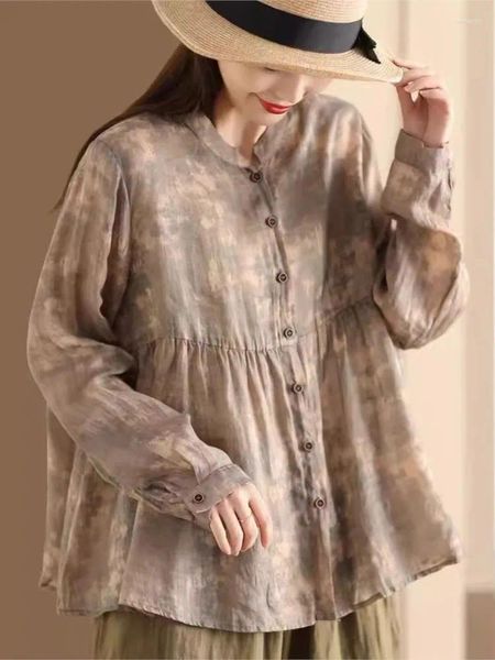 Blouses pour femmes Spring Summer Femme 2024 Bouton de support lâche décontracté Imprimé Blouse rétro à manches longues