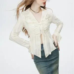 Blusas femininas primavera gola virada para baixo camisa renda até blusa de manga longa feminina moda coreana design de borboleta senhoras tops finos 30350