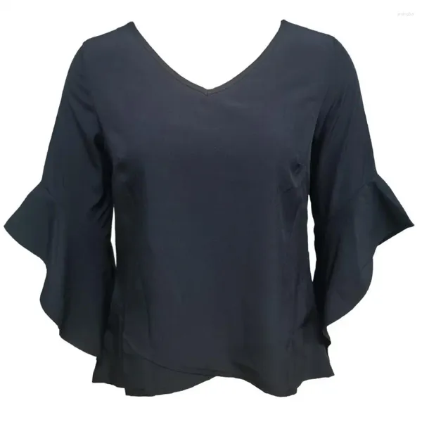 Blusas de mujer Camisa con cuello en V de primavera Top de verano con cuello en V suave y transpirable con mangas tres cuartos irregulares Color sólido para damas