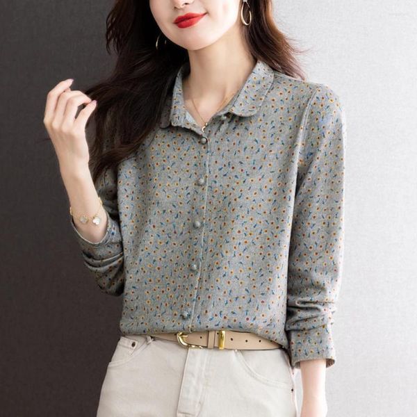 Chemisiers pour femmes printemps Vintage imprimé fleuri Blouse chemise en coton mode coréenne femmes 2024 décontracté à manches longues femmes hauts