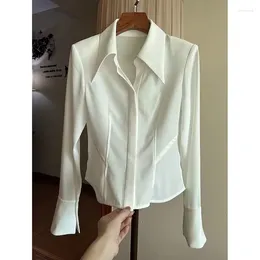 Blusas de mujer Primavera Vintage Satén Seda Camisa de mujer Cuello vuelto Mujer Blusa suelta Camisas de manga larga blancas Blusas Oficina Señora Tops