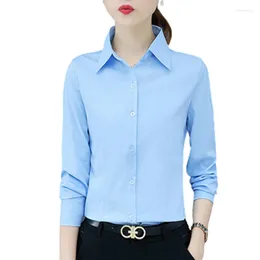 Blouses voor dames lente wit zwart kantoor shirt mode Koreaanse slanke lange mouw 2023 herfst dames casual revers sky blauw tops streetwear