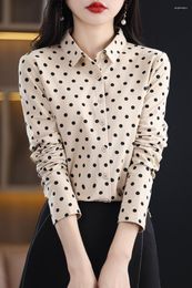 Blusas de mujer Camisa de primavera para mujer Blusa de oficina estampada Botton de moda Cárdigan femenino Manga larga Cuello vuelto Tops de punto de algodón