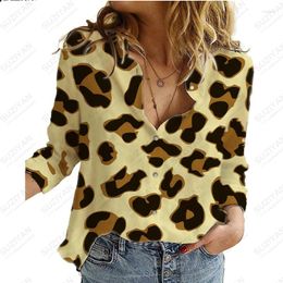 Blusas de mujer Camisa de manga larga de primavera para mujer con estampado de leopardo colorido Botón de cuello de polo 3D Top de viajero informal personalizado