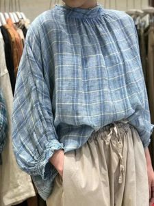 Blouses voor dames lente vrouwen all-match ultra losse oversized comfortabel Japan-stijl plaid natuurlijke stof water gewassen linnen shirts/blouses