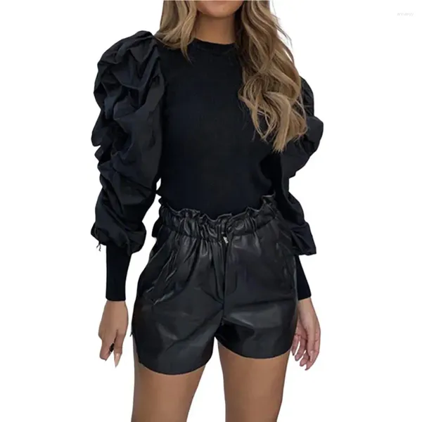 Blouses de femmes Spring Femmes Top Big Bubble Sleves plissées Round Cou Round Élastique Chauchet Élastique Tullover Lady Prom Garment