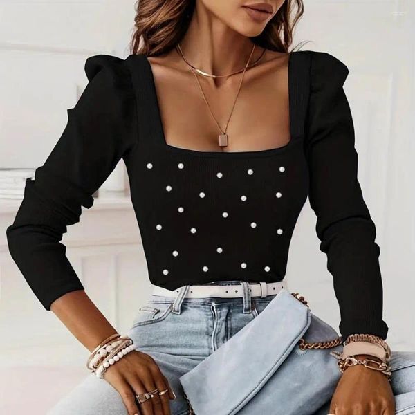 Blouses pour femmes Spring Femmes Top Low Cut Coul Couleur Couleur Slim Fit T-shirt Elastic Fitre Per perlé à manches longues Bubble Lady Blouse