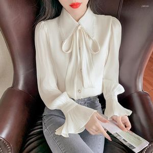 Blouses voor dames lente dames wit shirt elegante flare lange mouw stropdas down collar chiffon blouse dames casual button shirts tops