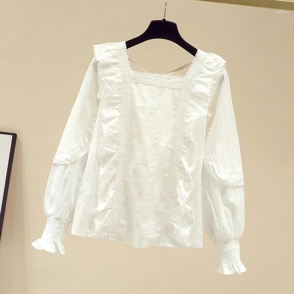 Blouses Femmes Col carré Français À Manches Longues Chemisier En Dentelle Femmes 2024 Automne À Lacets Élégant Doux Chemise Blanche Lâche Casual Simple Tops