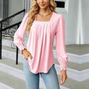 Blusas de mujer Camisas plisadas con cuello cuadrado Tops de manga larga abombada Túnica de color sólido Blusa con dobladillo en forma de U Camisa con puños con volantes para damas