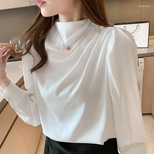 Women's Blouses Stand Collar Satin Chiffon Blouse Women White Puff Sleeve Shirt Office Lady Geplooed Spring Herfst Tops Blusas kleding 17805
