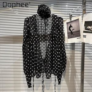 Blouses pour femmes Streetwear 3D Flower Lace-Up Polka Dot Tash Ladies 2024 Spring Elegant Black Mesh Sun Protection Blouse for Women