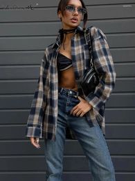 Chemisiers femme Streetwear vichy surdimensionné chemises féminines col rabattu décontracté Plaid automne hiver poches Vintage hauts