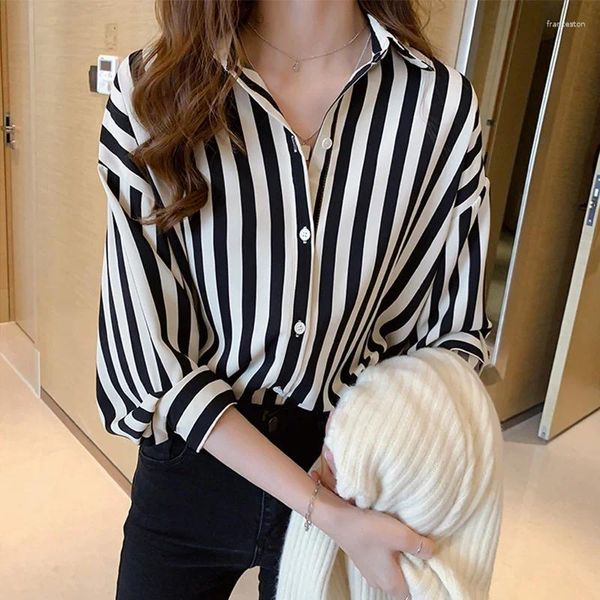 Blouses pour femmes Streetwear à manches longues Black White Stripe Stripe pour femmes Office surdimension