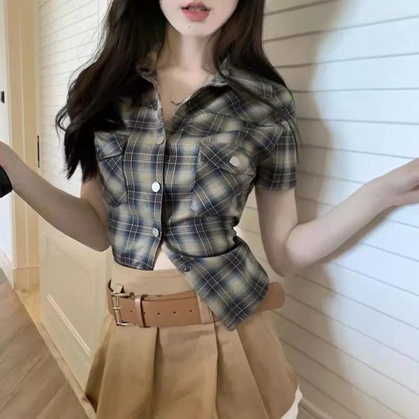 Blouses pour femmes Shirts Plaits Femmes Vintage Sexy Crops Tops chic Summer Y2k Skinny Camisas Fashion College Kpop Casual Blouse femme