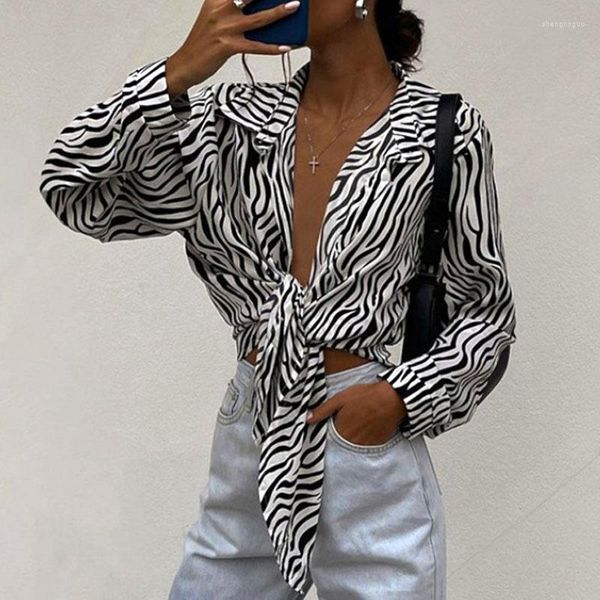 Blusas para mujeres estilo streetwear tops de manga larga diseño de moda patrón cebra camisa casual blusa de rayas en blanco y negro 28161