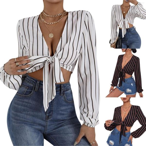 Chemisiers pour femmes Stretch Tee Womens Striped Print Puff Sleeve Cardigan Loose Cover Up Casual Shirt Top T Femmes