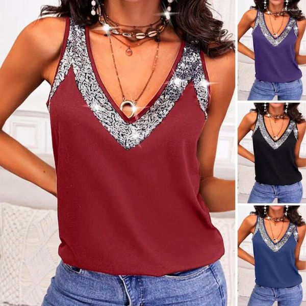 Blusas femeninas chaleco elástico Top Top Toques de verano colección V-Eck sin túnica de ajuste suelto para casualidad para casual