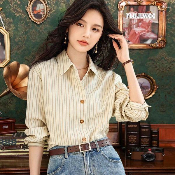 Blouses pour femmes Chemises à rayures Chic Corée 2024 FLHJLWOC Printemps Eté Manches longues Casual Bureau Lady Basic Wear Rétro Vintage Bouton