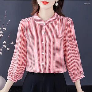 Blouses pour femmes Chemises rayées pour femmes printemps été en mousseline de soie mode chemisier vêtements tempérament 3/4 hauts à manches Camisa Feminina